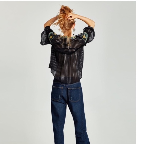 Zara Embroidered Sheer Boho Blouse Fringe Trim Bell Sleeves Festival Black M - Picture 2 of 15